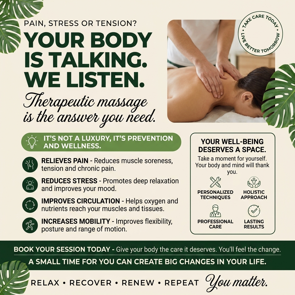 Your body is talking to you... are you really listening to it? πΏβ¨
Sometimes we normalize back pain, shoulder tension or accumulated tiredness, thinking that "it will pass." But the truth is that therapeutic massage goes far beyond a simple moment of relaxation: it is a key tool to regain your balance, relieve chronic pain and perform at your best.
Don't see it as a luxury; taking care of yourself is prevention and well-being. πββοΈπββοΈ
Benefits you will feel from the first session:
β¨ Pain relief: Say goodbye to accumulated muscle tension.
π§ Less stress: A deep breath to calm the mind and improve your mood.
π©Έ Better circulation: More oxygen and nutrients for your muscles.
πββοΈ Greater mobility: Recover flexibility and improve your posture.
Give yourself that space you need so much. A small moment for you can generate great changes in your life.
ποΈ Book your session today and start feeling the change.
#sothis #terapeuticmassage #masajes #bodycare #cuidadopersonal